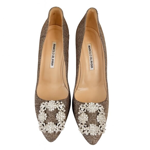 Manolo Blahnik Shoes - Manolo Blahnik Hangisi 90mm Gold Glitter Jewel Buckle Pumps Size 37 EU